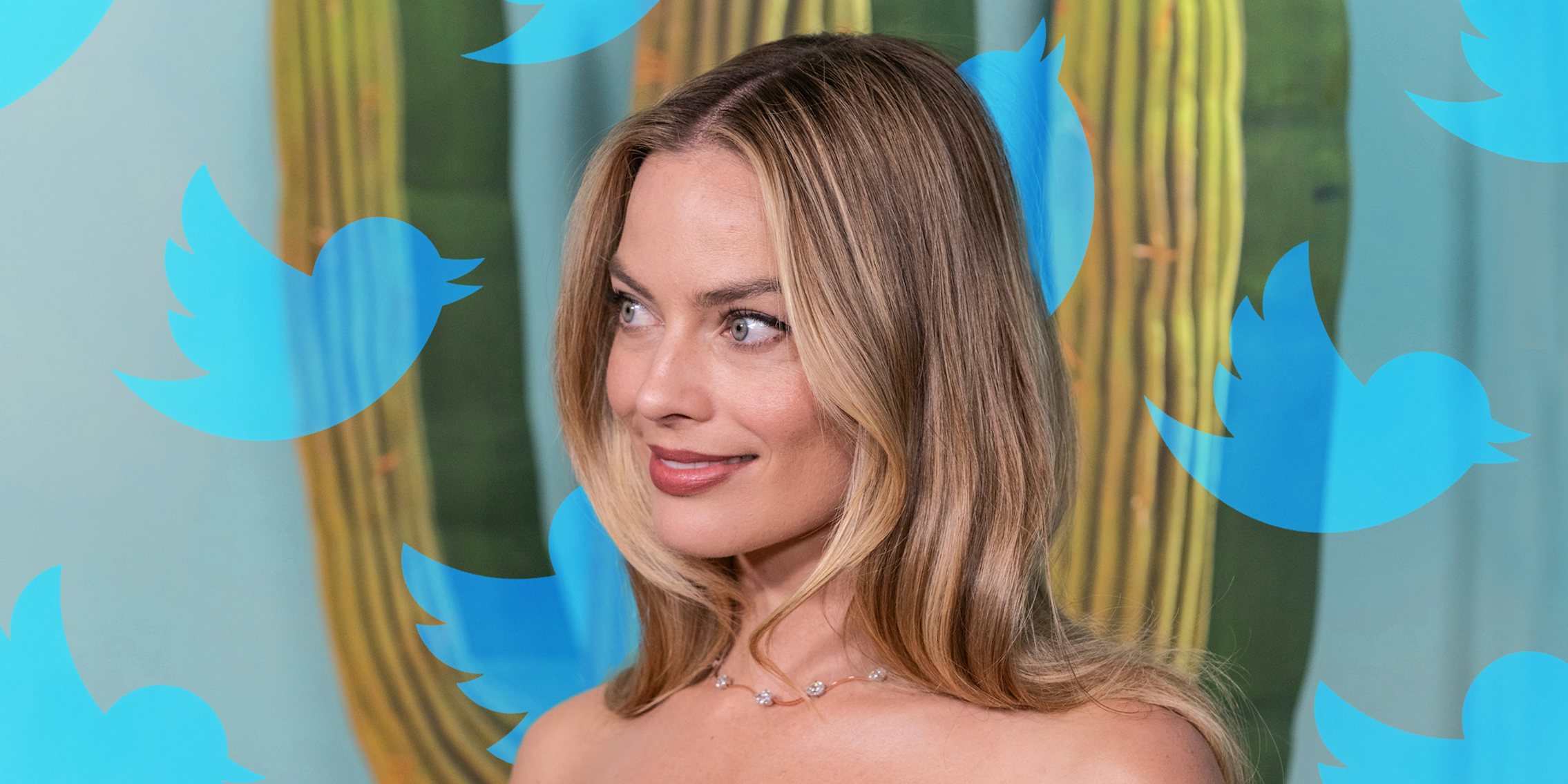 Margot Robbie in front of green and blue background with Twitter bird logos scattered