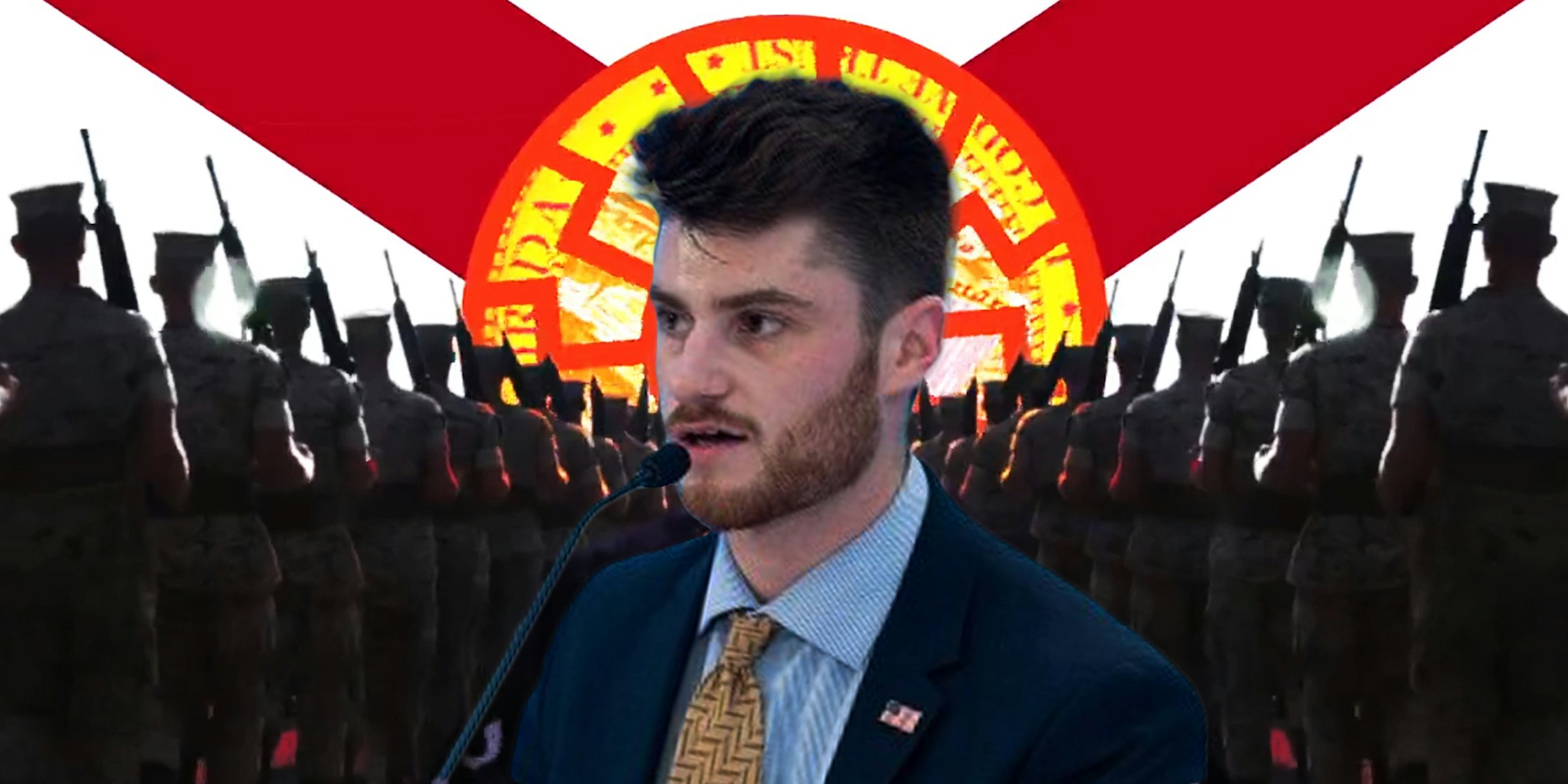 Nate Hochman in front of Nazi symbol red white and yellow background