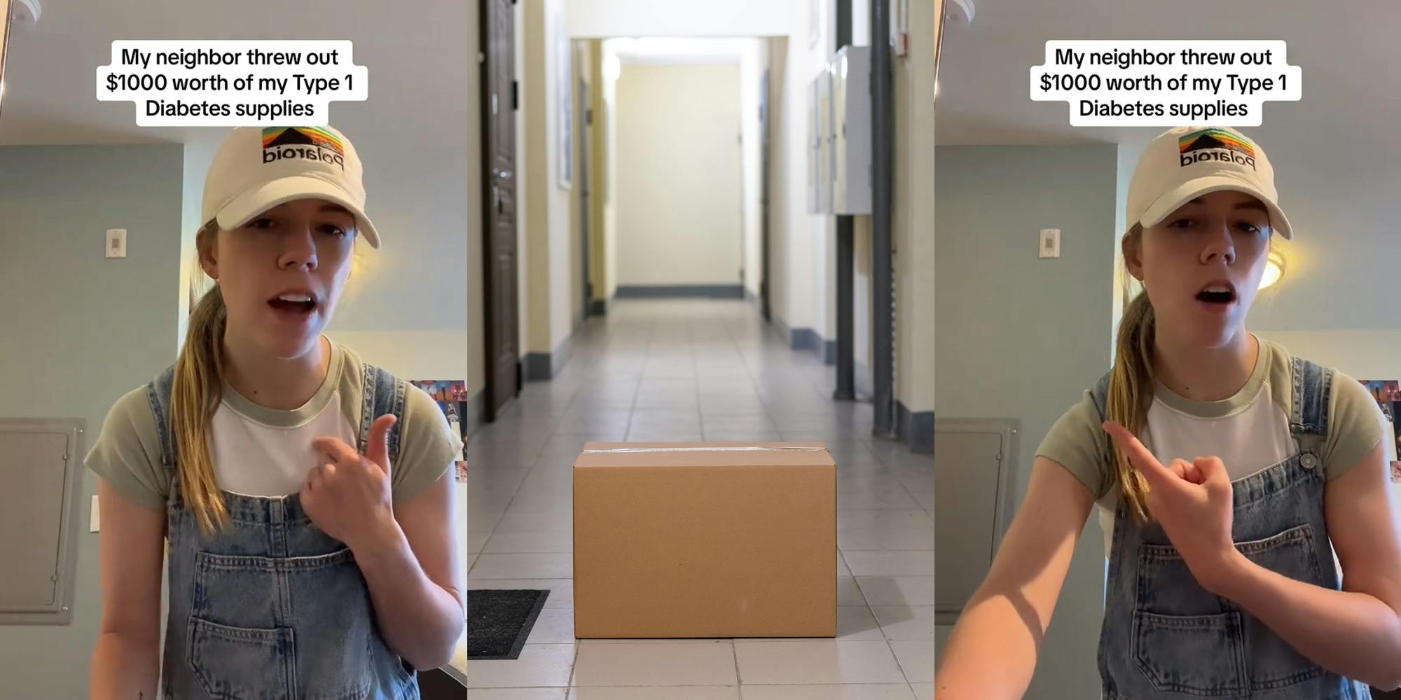 woman speaking with caption "My neighbor threw out $1000 worth of my Type 1 Diabetes supplies" (l) box in apartment hallway (c) woman speaking with caption "My neighbor threw out $1000 worth of my Type 1 Diabetes supplies" (r)
