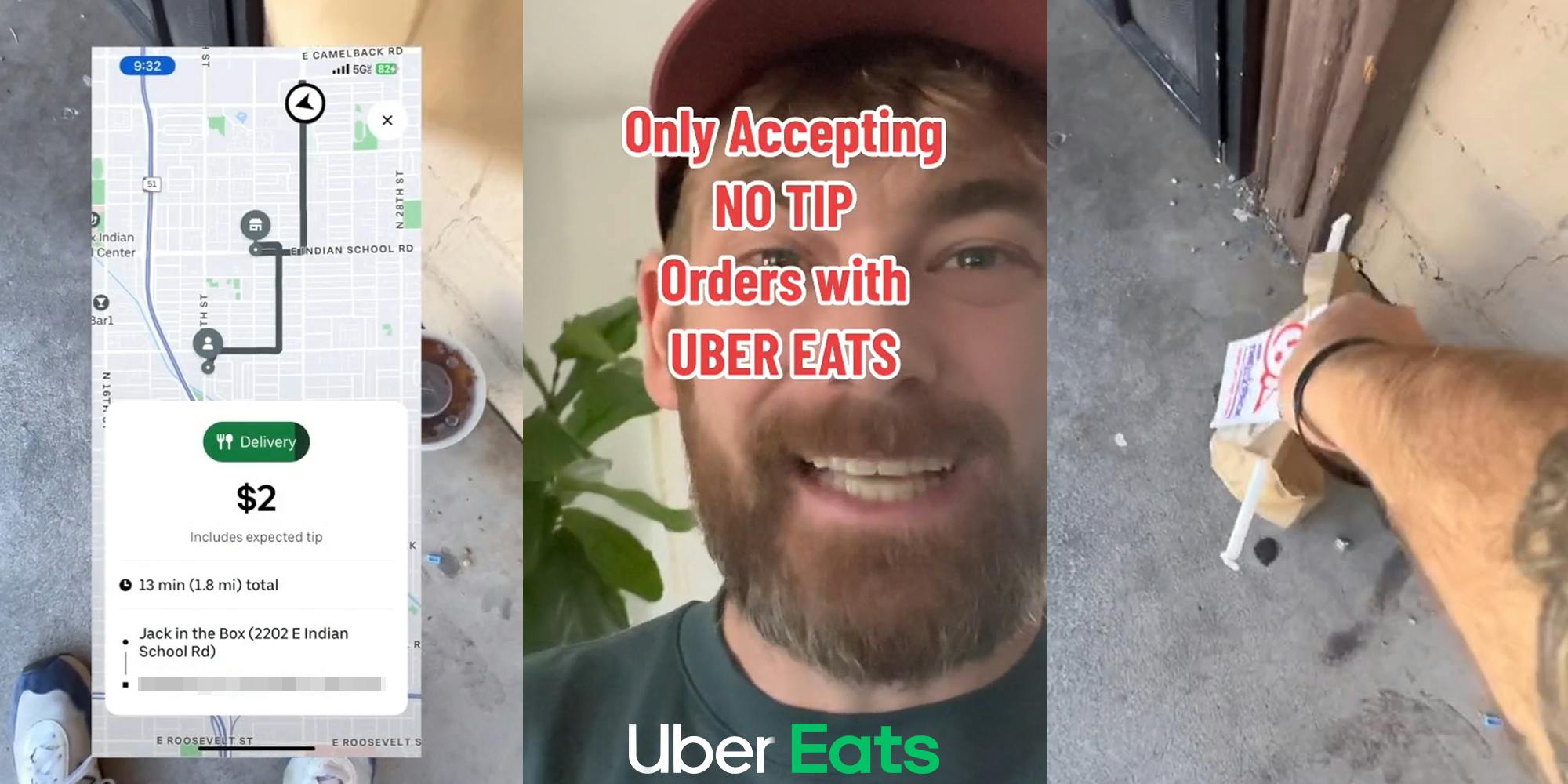 Uber Eats order on screen in front of driver delivering order at door (l) Uber Eats driver speaking with Uber Eats logo at bottom with caption "Only Accepting NO TIP Orders with UBER EATS" (c) Uber Eats driver placing order at door (r)