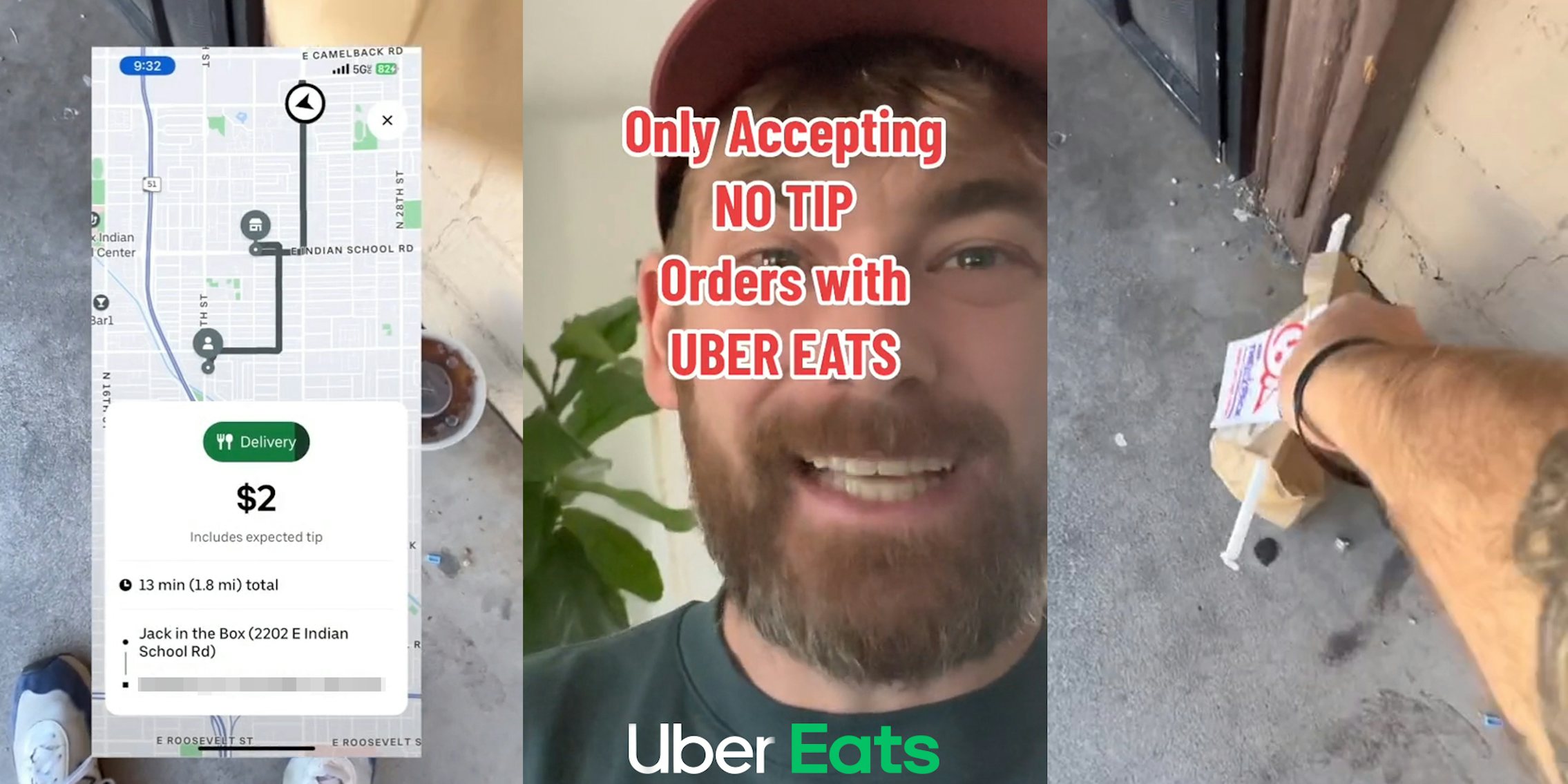 Uber Eats order on screen in front of driver delivering order at door (l) Uber Eats driver speaking with Uber Eats logo at bottom with caption 'Only Accepting NO TIP Orders with UBER EATS' (c) Uber Eats driver placing order at door (r)