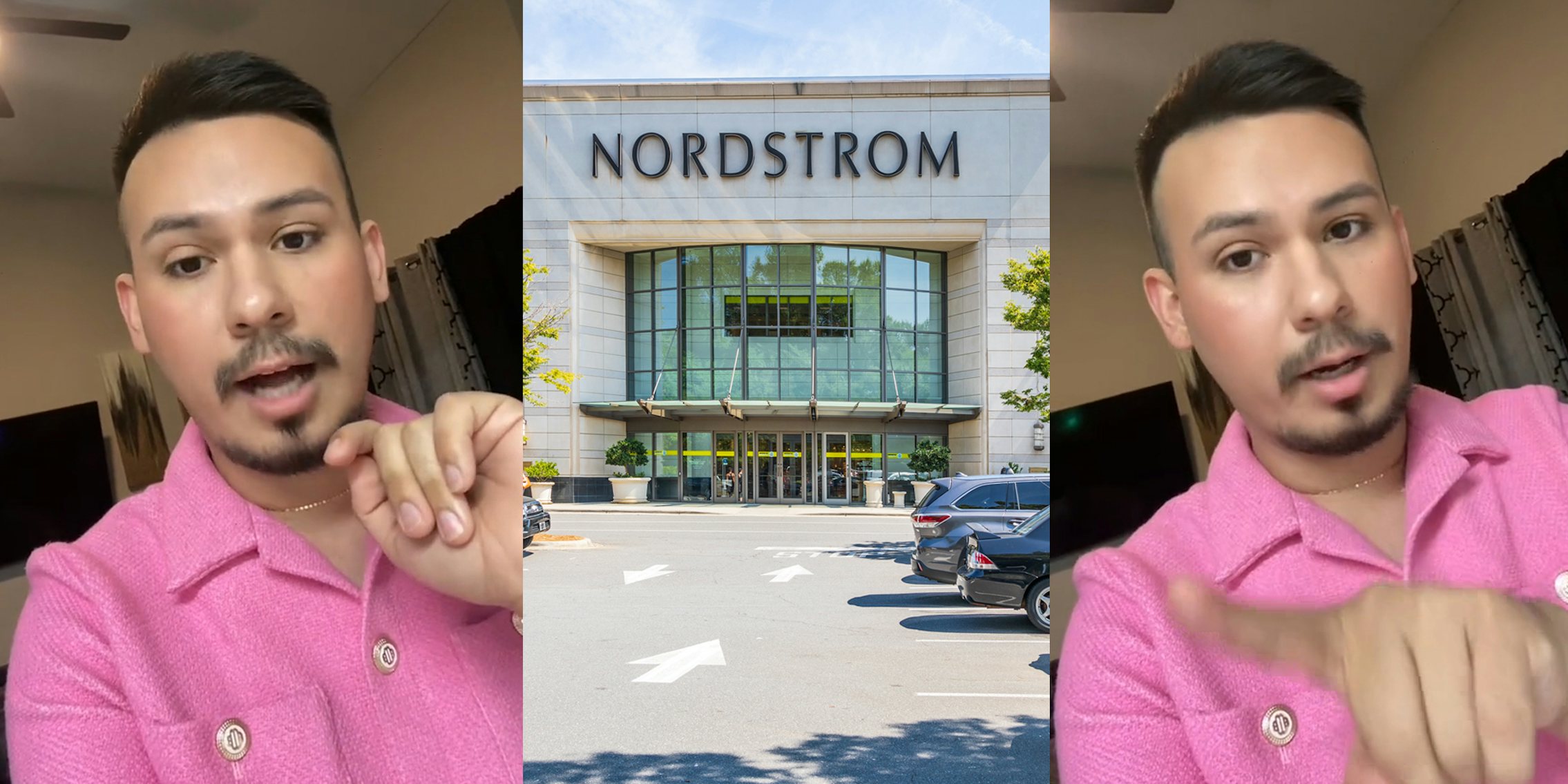 Nordstrom worker speaking (l) Nordstrom building with sign (c) Nordstrom worker speaking pointing left (r)