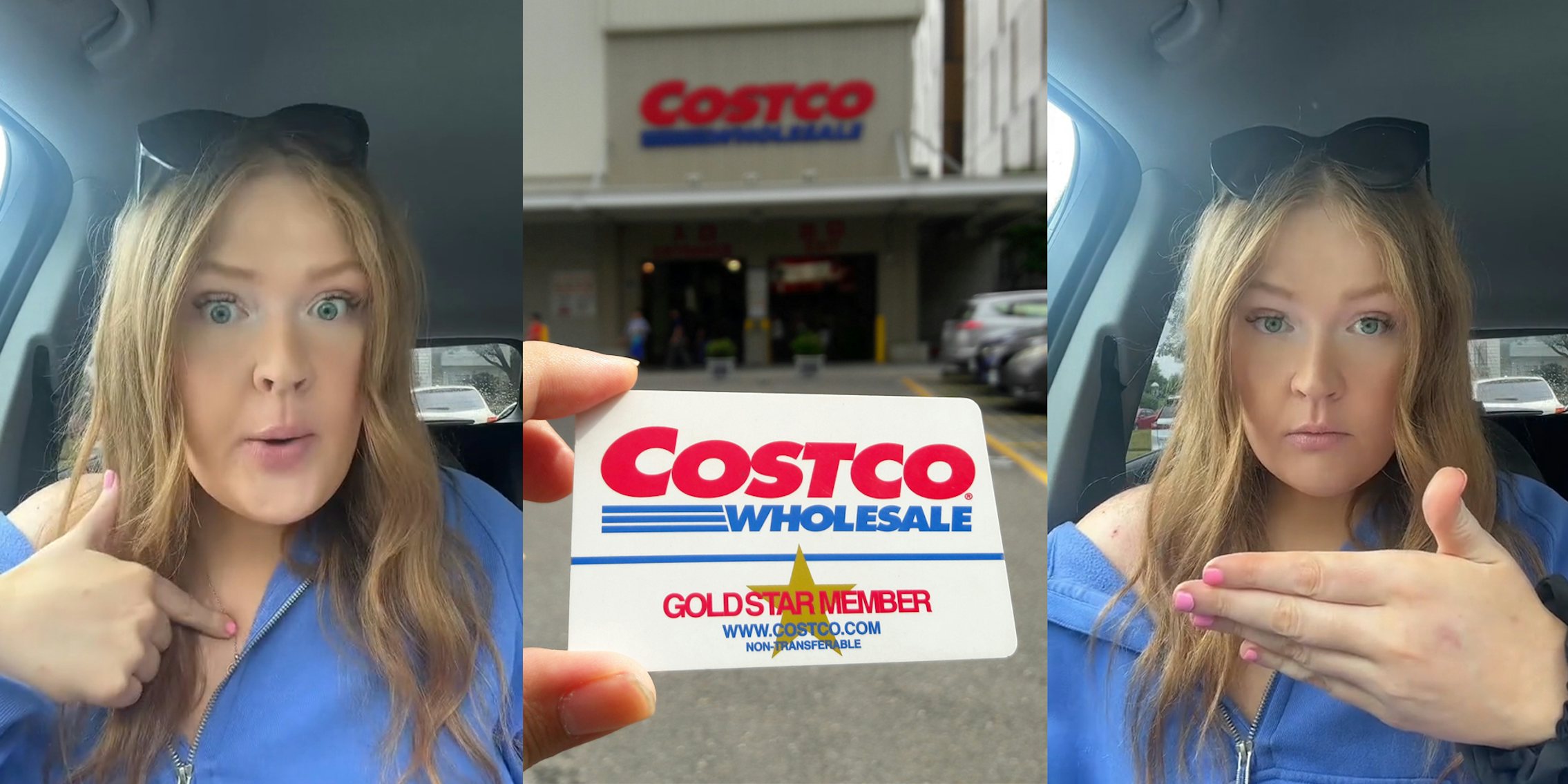 Costco customer speaking in car (l) Costco member holding card in front of blurred Costco (c) Costco customer speaking in car (r)
