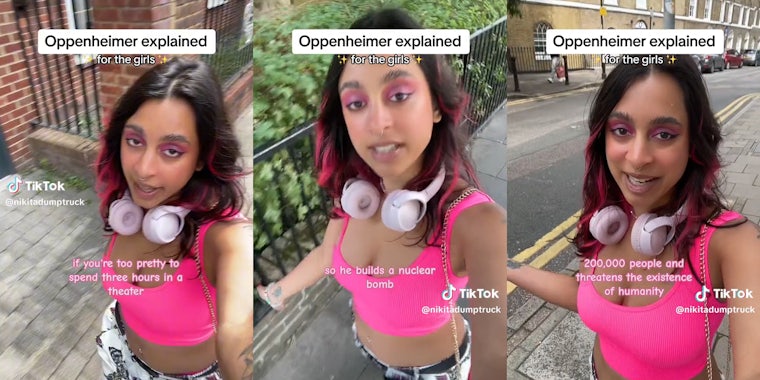 young woman walking on street with caption 'Oppenheimer explained for the girls'