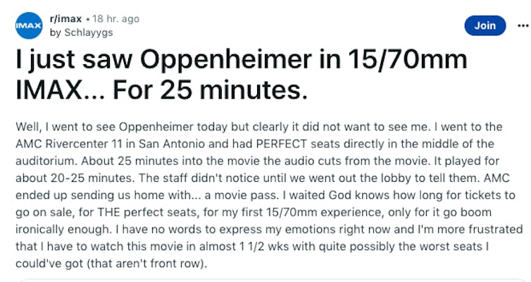 Reddit post about Oppenheimer 70mm IMAX screening