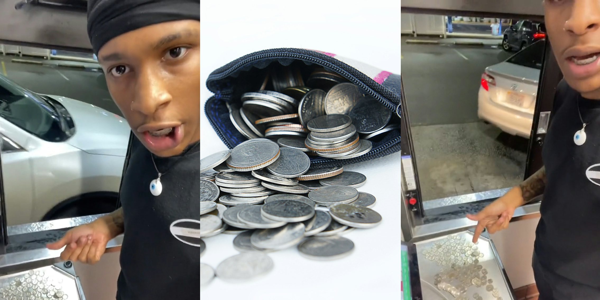 drive thru worker speaking next to change on counter (l) change spilling out of coin purse on white surface (c) drive thru worker speaking next to change on counter (r)