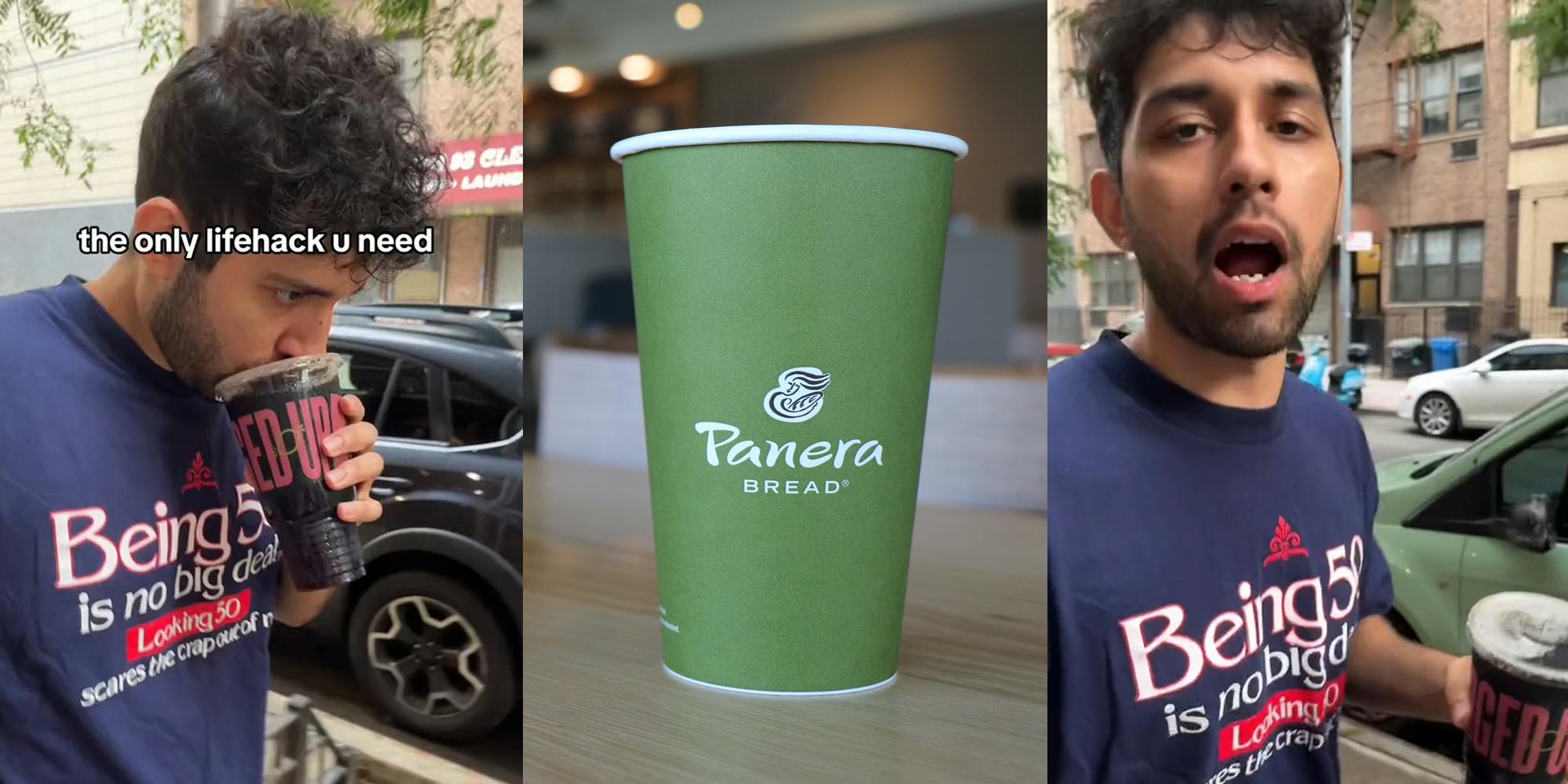 Panera's customer speaking with drink outside with caption "the only lifehack u need" (l) Panera's branded cup in restaurant (c) Panera's customer speaking with drink outside (r)
