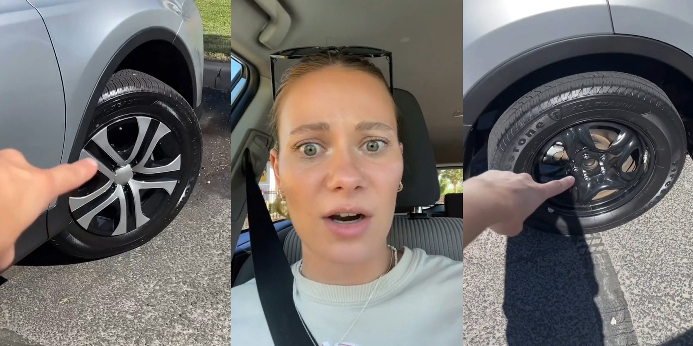 hand pointing to car tire with hub cap on (l) woman speaking in car (c) hand pointing to car tire missing hub cap (r)