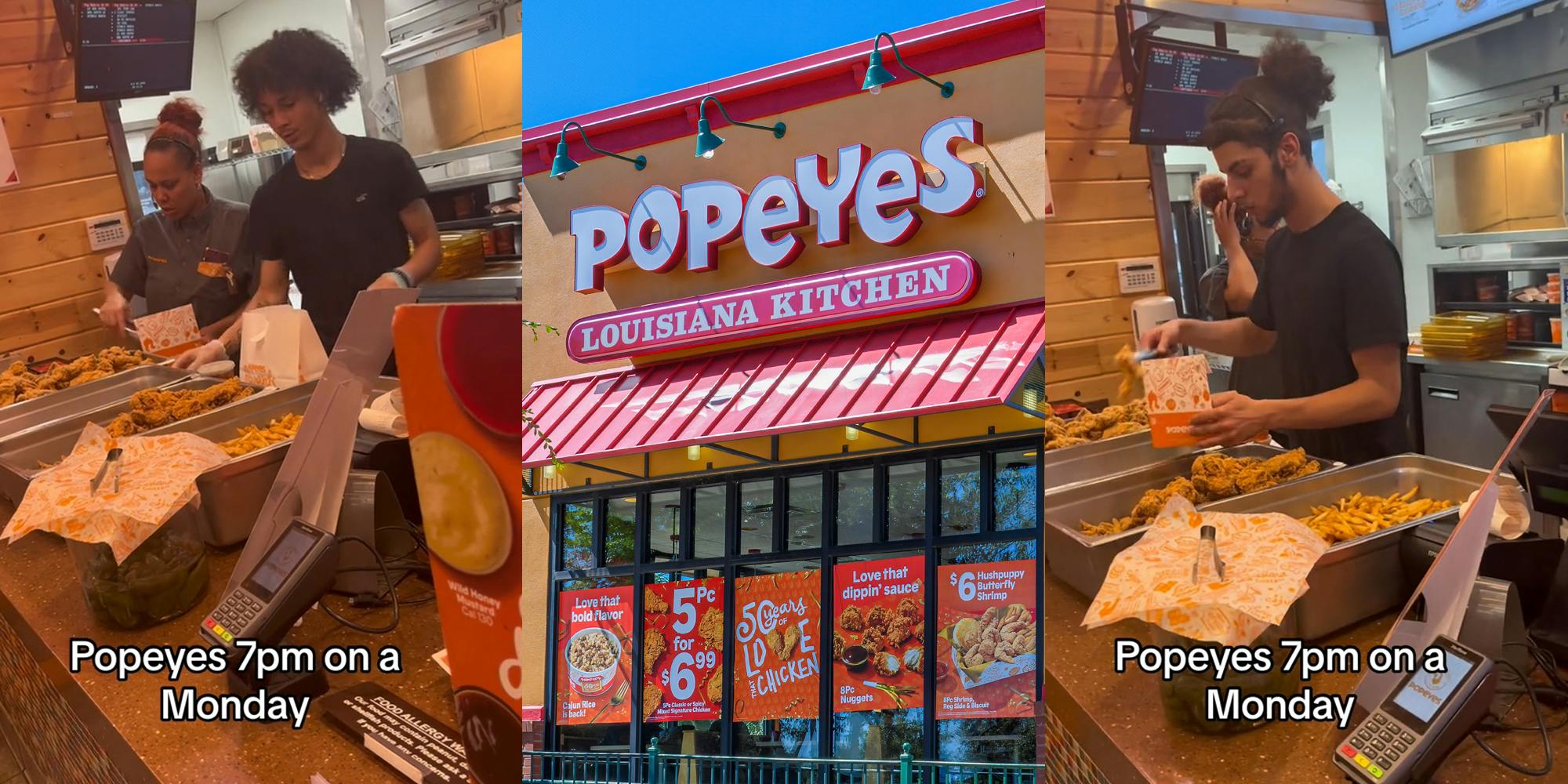 Popeye's workers getting food from counter to place in boxes with caption "Popeyes 7pm on a Monday" (l) Popeyes building with sign (c) Popeye's workers getting food from counter to place in boxes with caption "Popeyes 7pm on a Monday" (r)