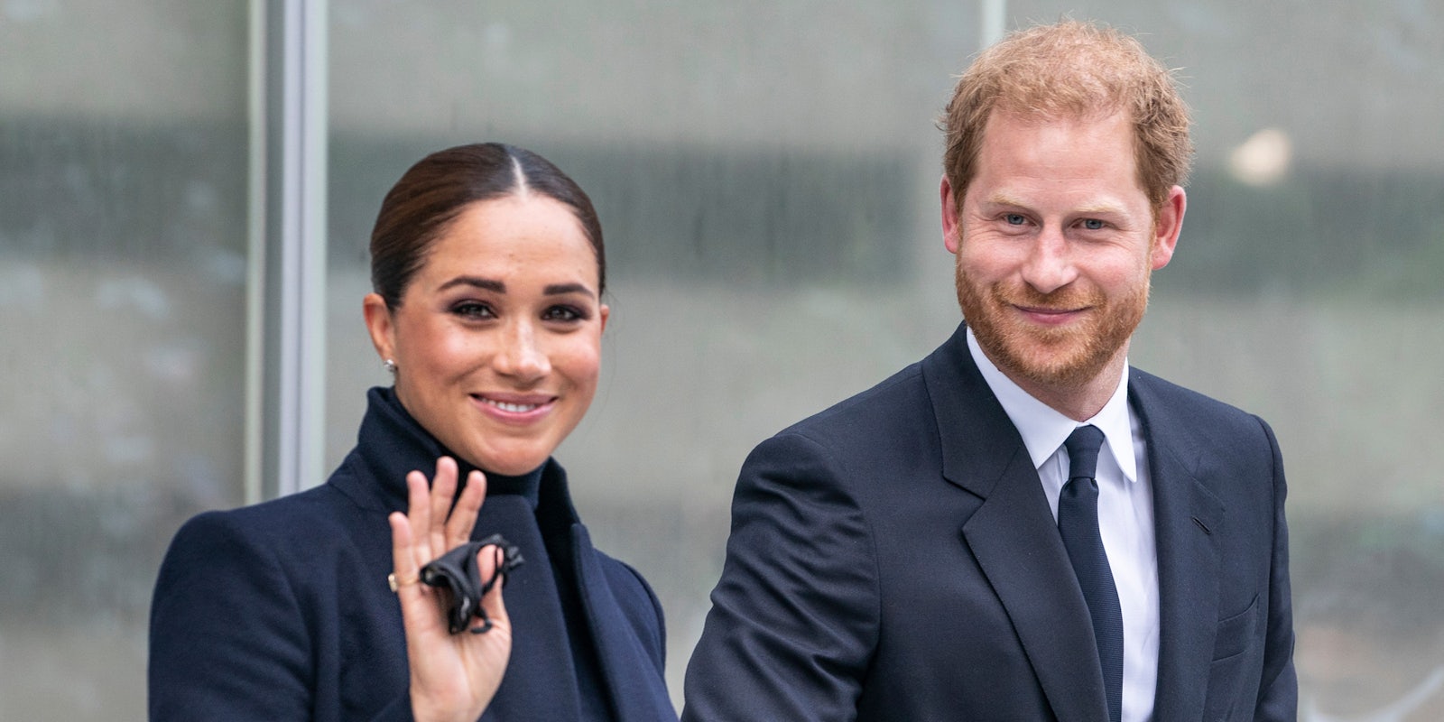Prince Harry and Meghan in front of glass panes background