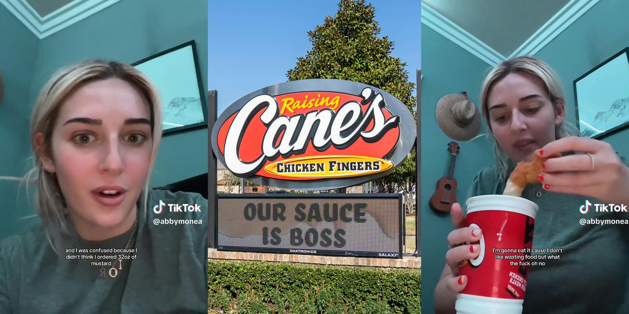 young woman receives 32 oz of mustard from Raising Cane's
