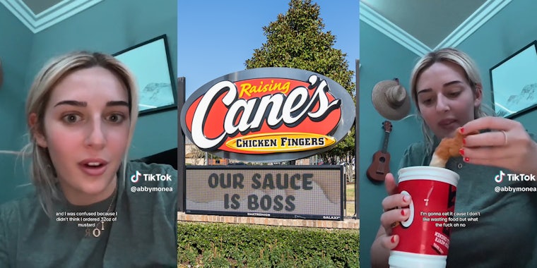 young woman receives 32 oz of mustard from Raising Cane's