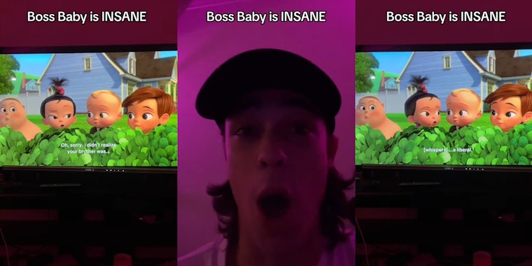 Boss Baby playing on tv with caption 'Boss Baby is INSANE' (l) man speaking with caption 'Boss Baby is INSANE' (c) Boss Baby playing on tv with caption 'Boss Baby is INSANE' (r)