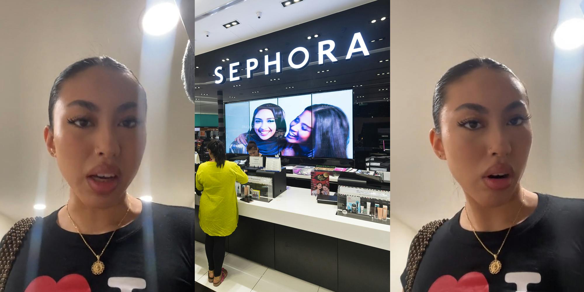 Sephora customer speaking (l) Sephora interior with sign (c) Sephora customer speaking (r)