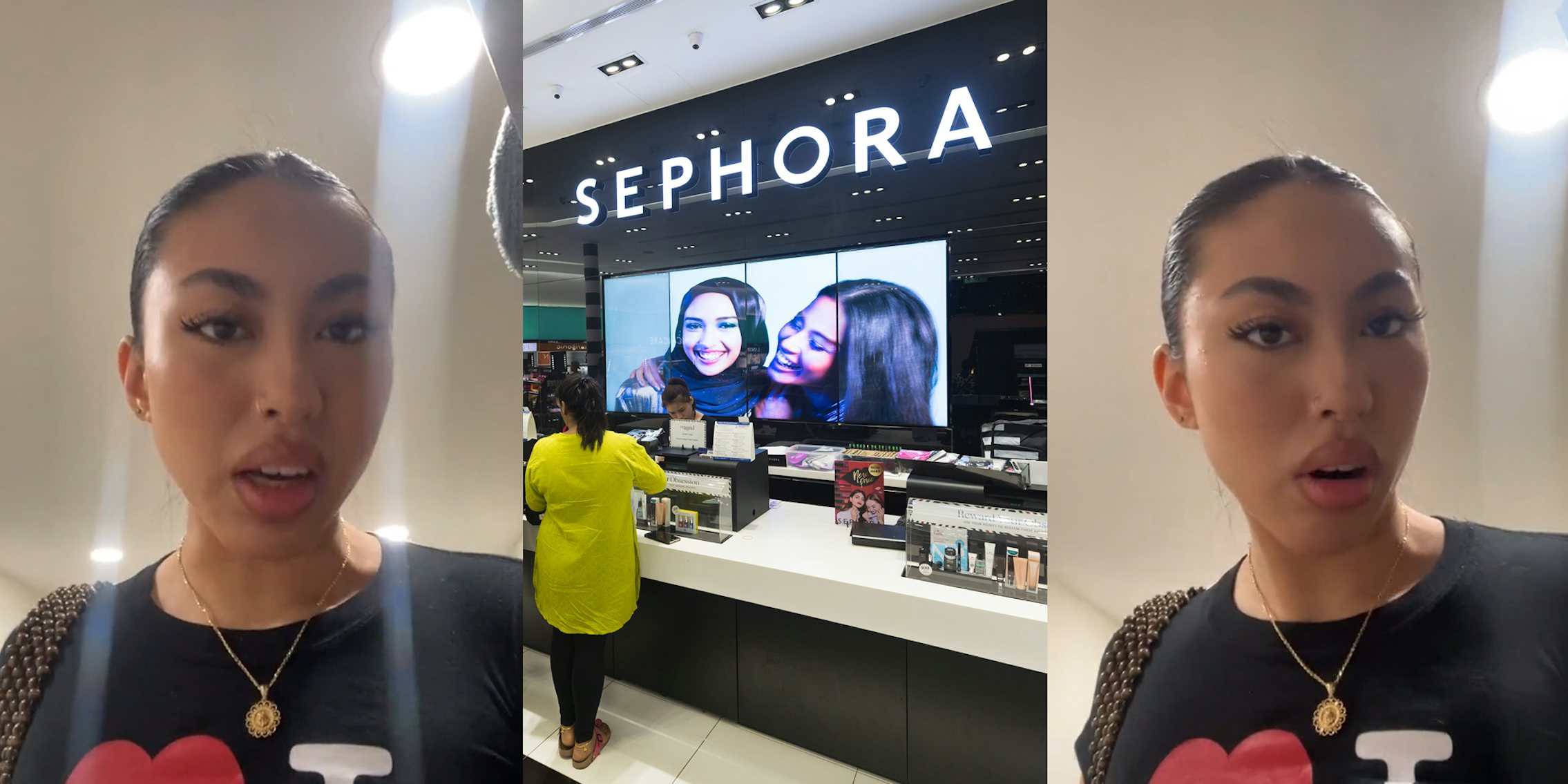 Sephora customer speaking (l) Sephora interior with sign (c) Sephora customer speaking (r)