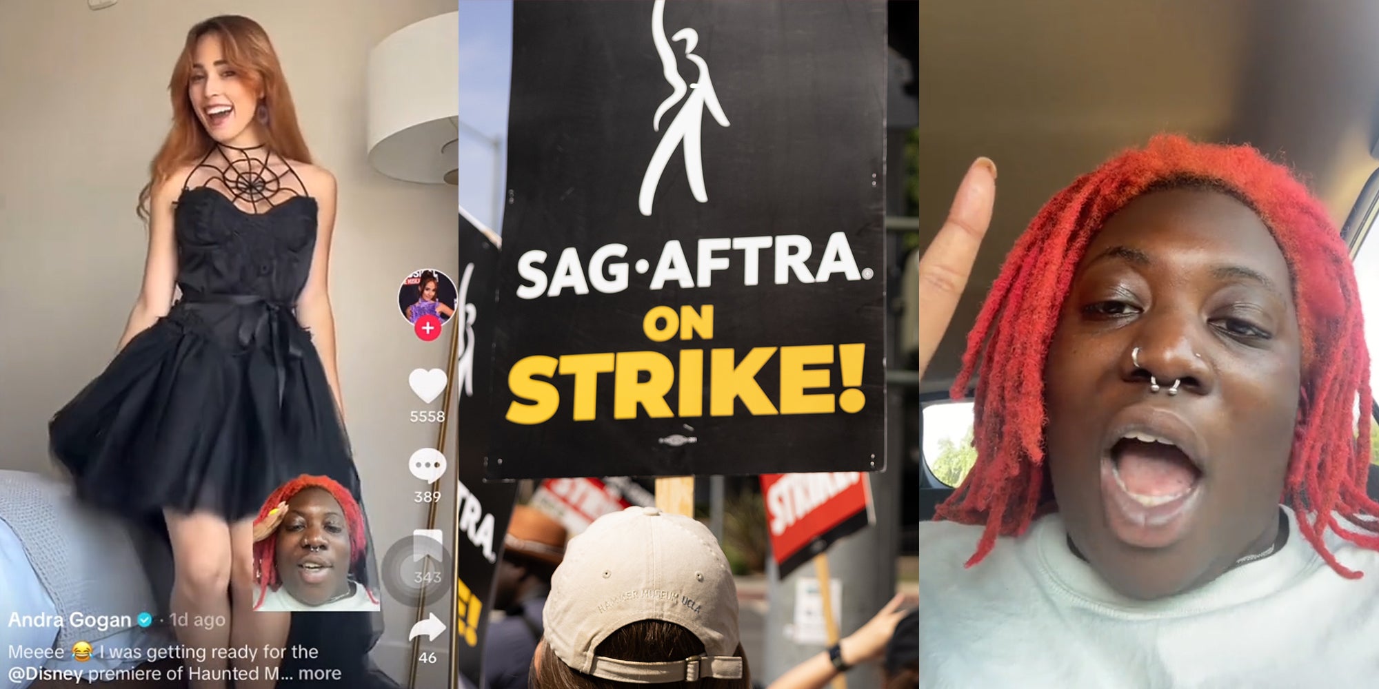 TikToker greenscreen TikTok over TikTok by Andra Gogan (l) striker holding 'SAG-AFTRA. ON STRIKE!' sign (c) TikToker speaking in car (r)