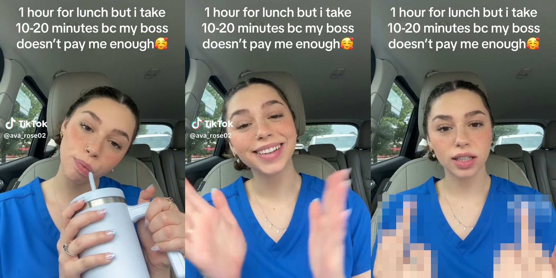 young woman in car with caption '1 hour for lunch but i take 10-20 minutes bc my boss doesn't pay me enough'