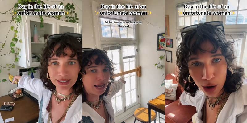 woman speaking in apartment with caption "Day in the life of an unfortunate woman" (l) woman speaking in apartment with caption "Day in the life of an unfortunate woman" (c) woman speaking in apartment with caption "Day in the life of an unfortunate woman" (r)