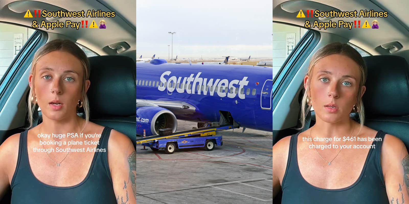 Southwest Airlines passenger speaking in car with caption 'Southwest Airlines & Apple Pay okay huge PSA if you're booking a plane ticket through Southwest Airlines' (l) Southwest Airlines plane on runway (c) Southwest Airlines passenger speaking in car with caption 'Southwest Airlines & Apple Pay this charge for $461 has been charged to your account' (r)