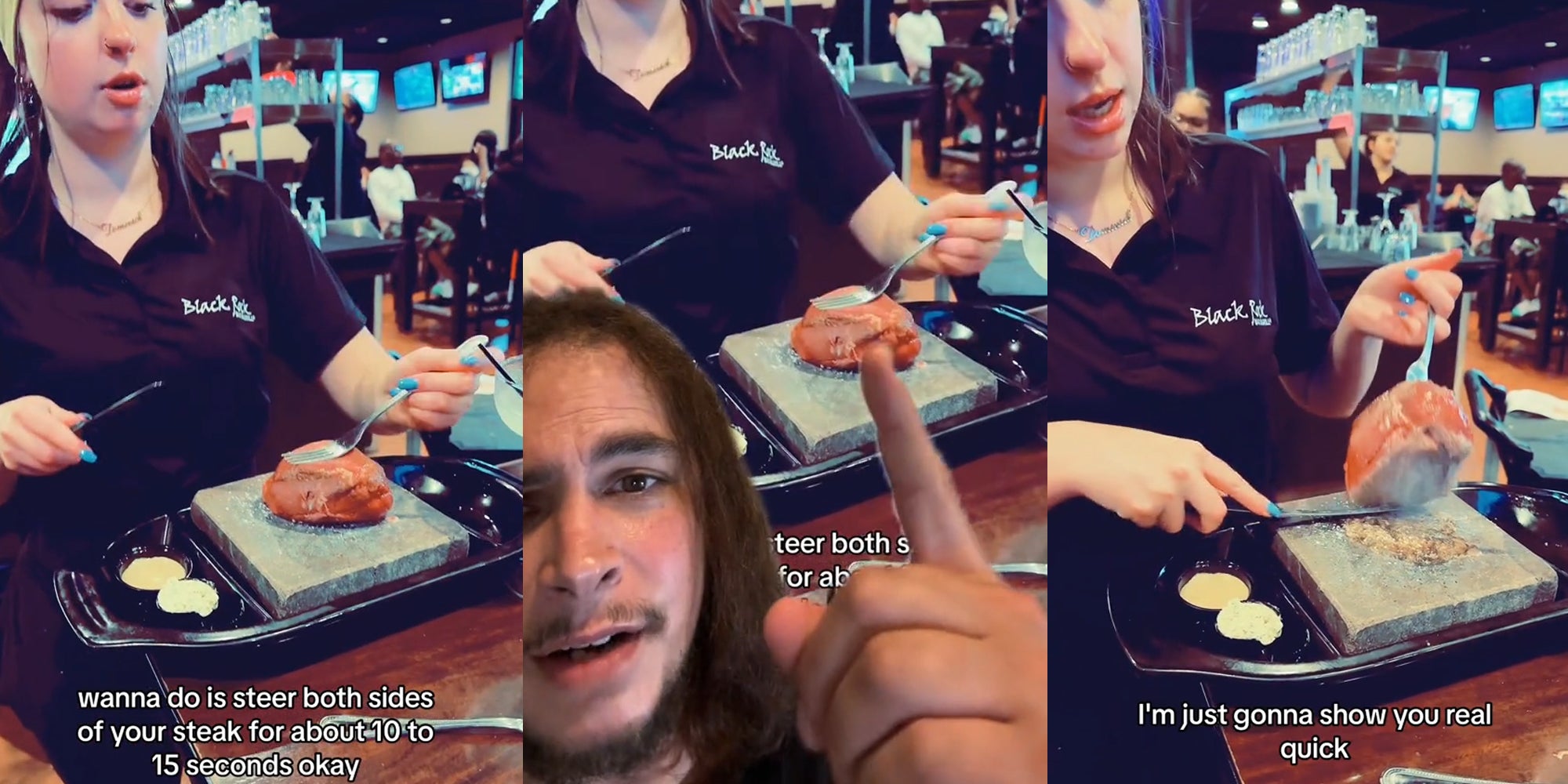 server searing steak at table with caption 'wanna do is steer both sides of your steak for about 10 to 15 seconds okay' (l) chef greenscreen TikTok over server searing steak at table (c) server searing steak at table with caption 'I'm just gonna show you real quick' (r)