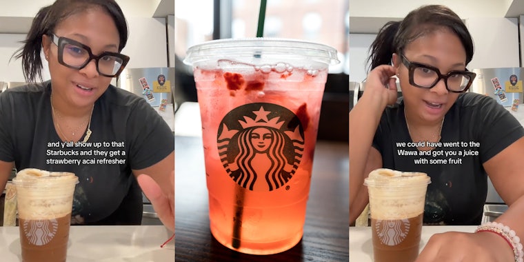 Starbucks customer speaking with caption 'and y'all show up to that Starbucks and they get a strawberry acai refresher' (l) Starbucks strawberry acai refresher on table (c) Starbucks customer speaking with caption 'we could have went to the Wawa and got you a juice with some fruit' (r)