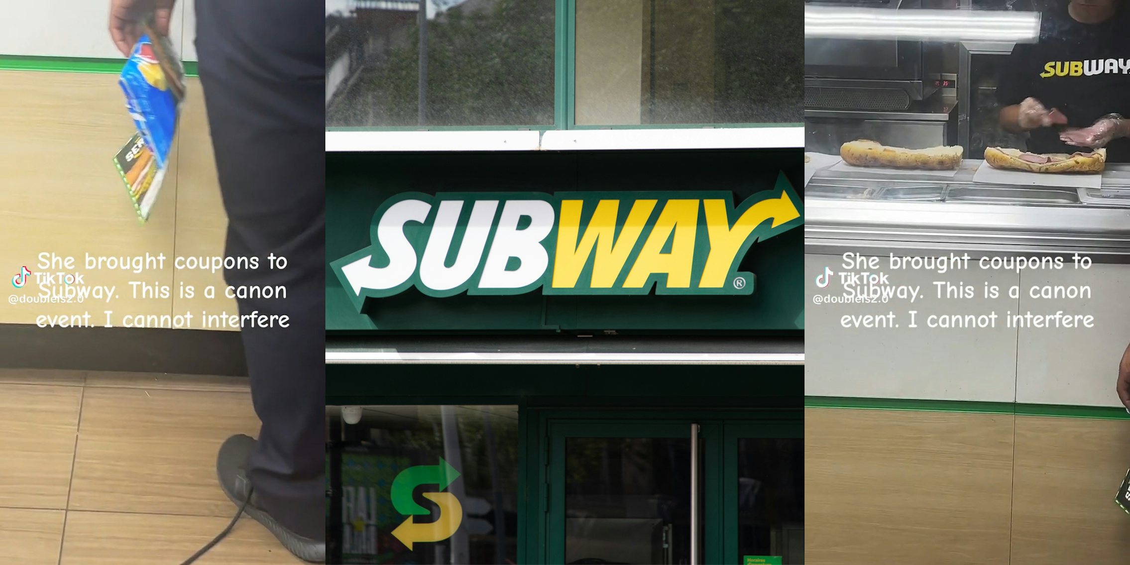 woman holding coupons at Subway counter (l) Subway sign (c) employee making sandwiches (r)