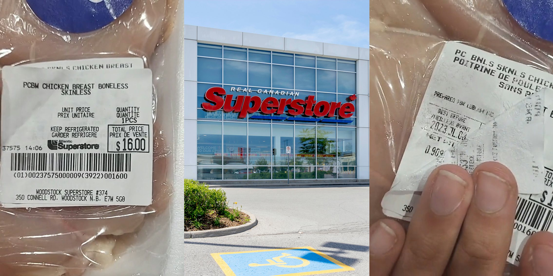 Superstore chicken sticker (l) Superstore building with sign (c) Superstore chicken sticker with fingers pulling back to reveal sticker underneath with expiration date (r)