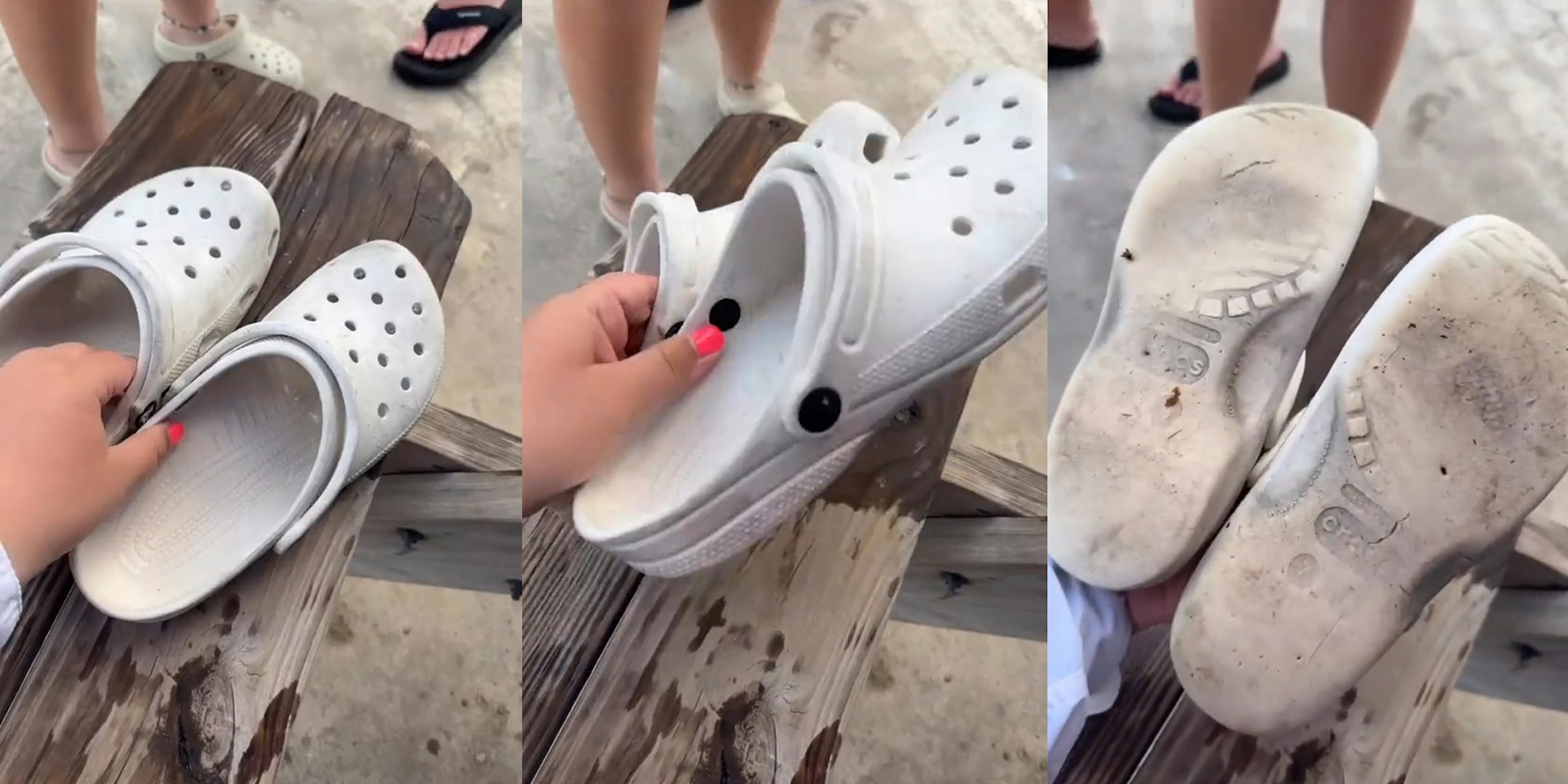 pair of white crocs in hand over wooden bench (l) hand picking up pair of white crocs in hand over wooden bench (c) hands holding pair of white crocs in hand over wooden bench upside down (r)