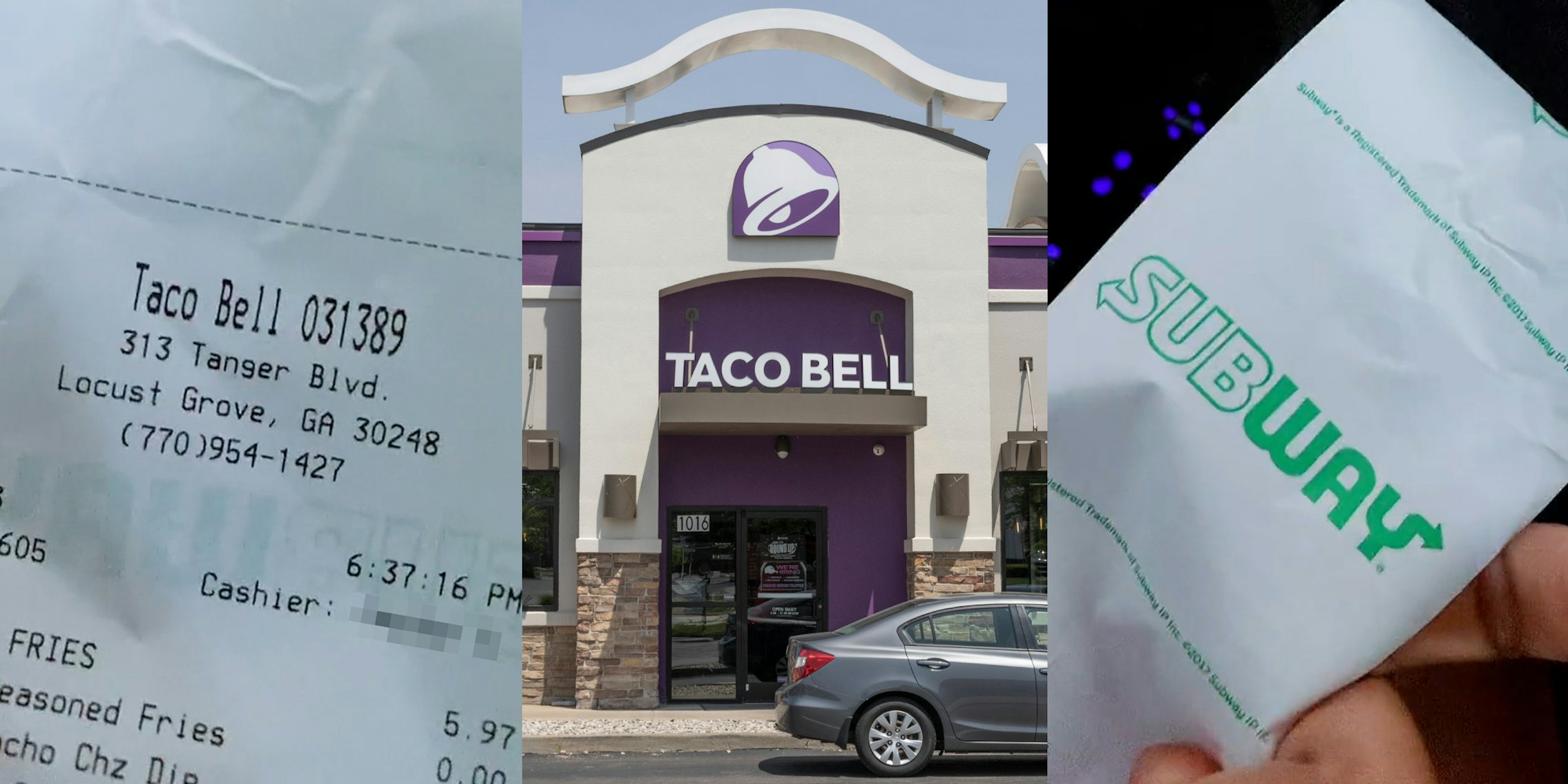 Taco Bell receipt (l) Taco Bell building with sign (c) back of Taco Bell receipt showing Subway logo (r)
