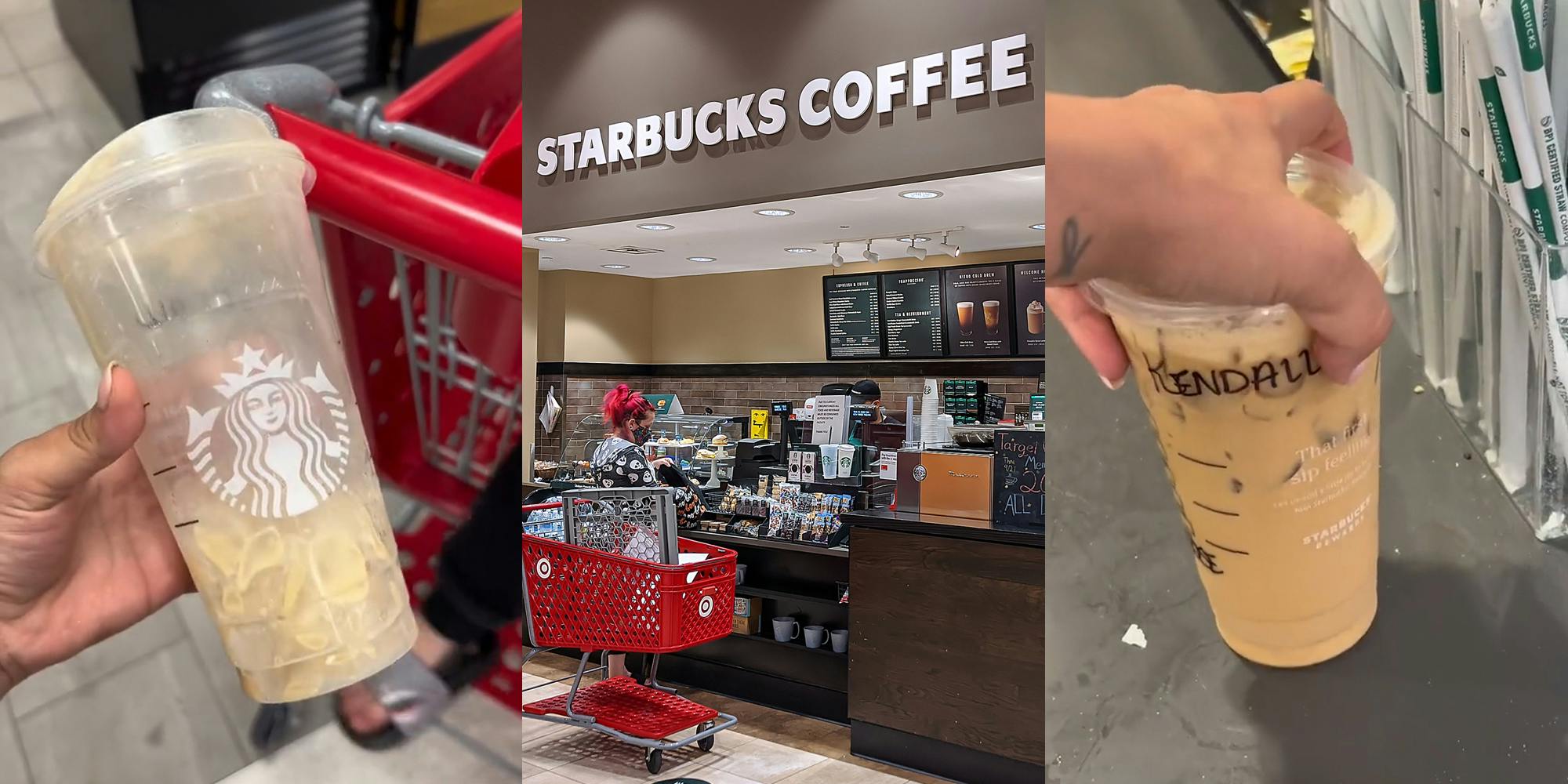 Starbucks cup almost empty in hand (l) Starbucks Coffee inside Target with Target cart (c) Starbucks customer holding refilled drink" (r)