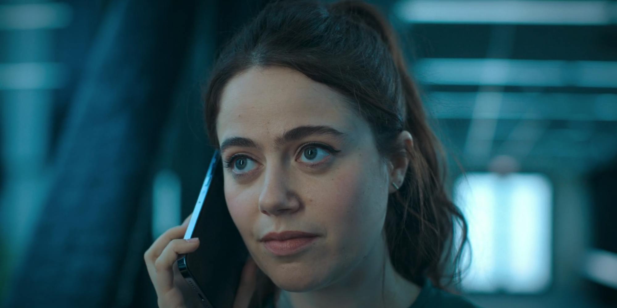 Molly Gordon holding a cellphone and wearing a ponytail in an episode of Hulu's The Bears season 2