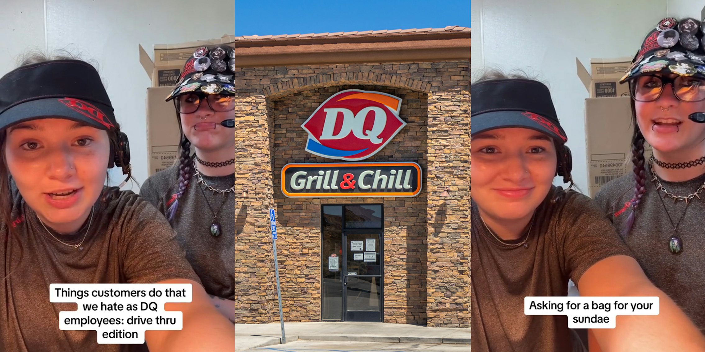 Dairy Queen employees speaking with caption 'Things customers do that we hate as DQ employees: drive thru edition' (l) Dairy Queen building entrance with sign (c) Dairy Queen employees speaking with caption 'Asking a bag for your sundae' (r)