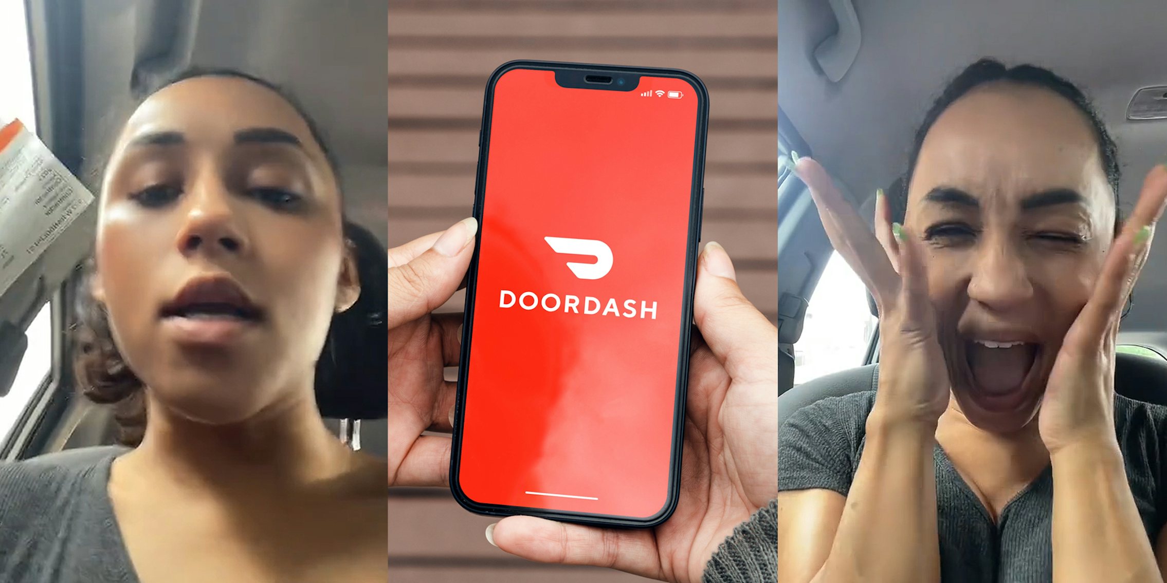DoorDash driver speaking in car holding speeding ticket (l) hands holding DoorDash app open on phone in front of wooden background (c) DoorDash driver speaking in car (r)