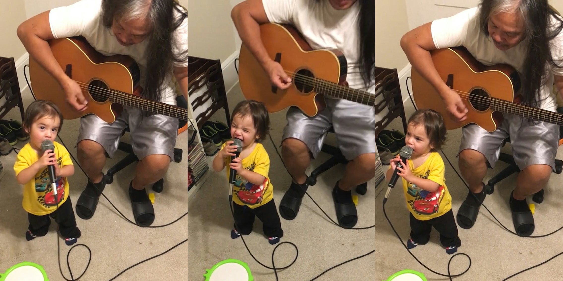 toddler singing into microphone with man playing guitar sitting in chair behind (l) toddler singing into microphone with man playing guitar sitting in chair behind (c) toddler singing into microphone with man playing guitar sitting in chair behind (r)