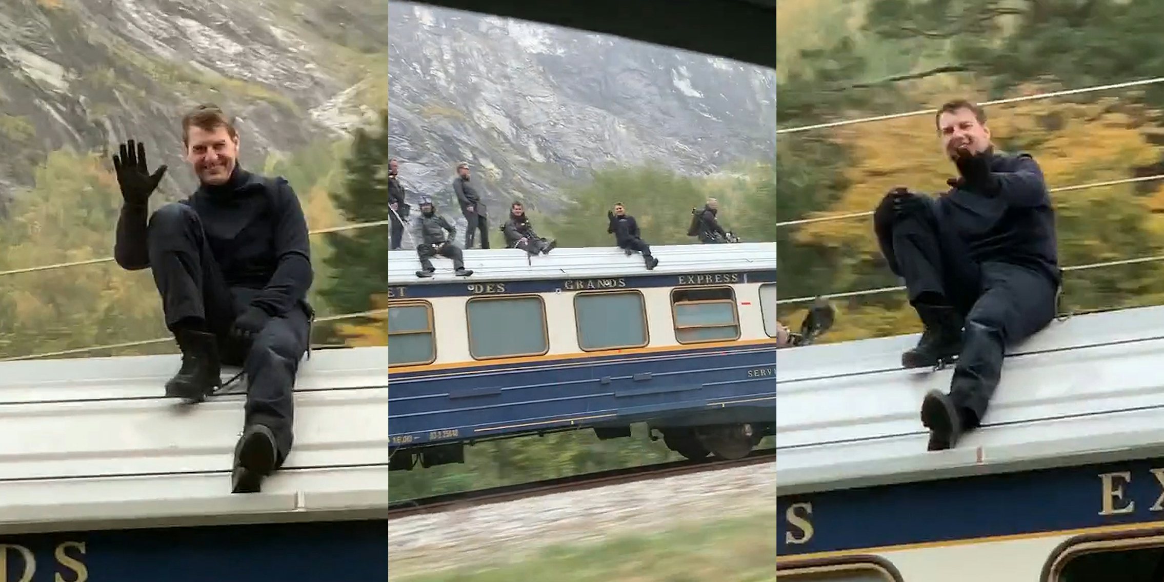 Tom Cruise and film crew on top of train in Norway (l) Tom Cruise and film crew on top of train in Norway (c) Tom Cruise and film crew on top of train in Norway (r)