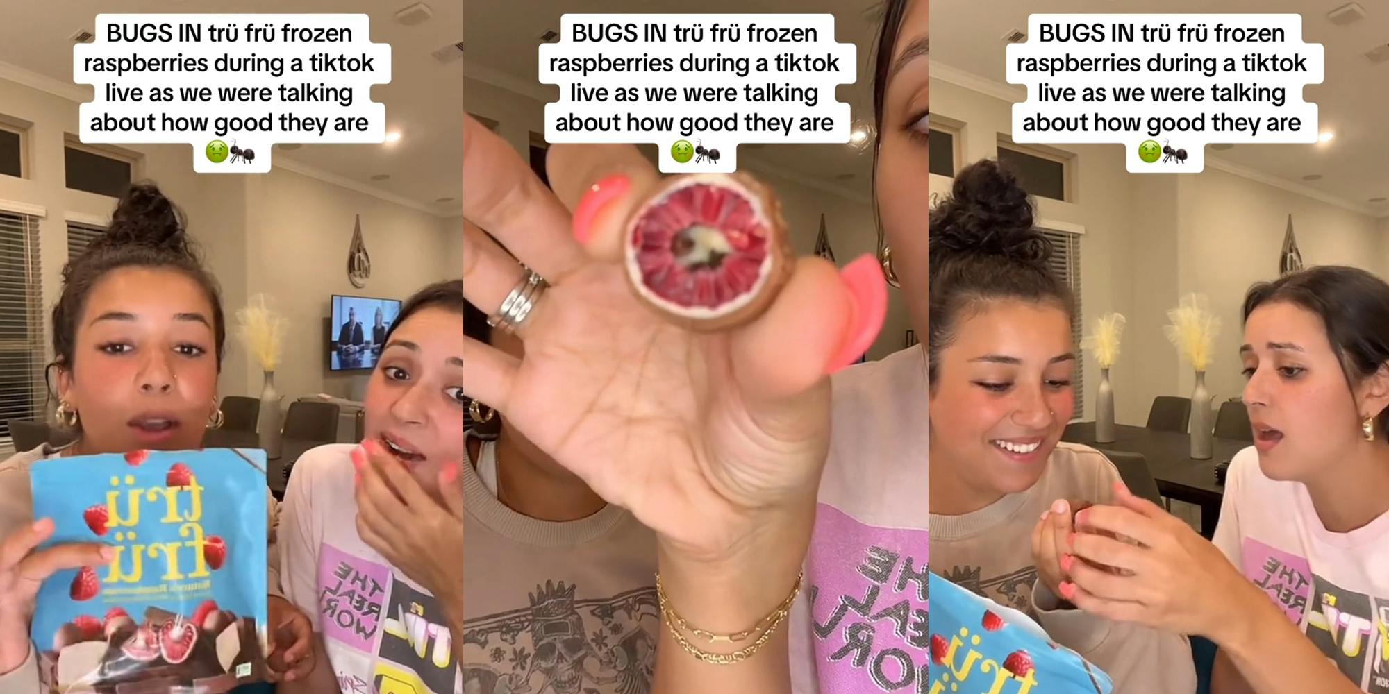 Tru Fru customers with bag and caption "BUGS IN tru fru frozen raspberries during a tiktok live as we were talking about how good they are" (l) Tru Fru customers holding bit one with caption "BUGS IN tru fru frozen raspberries during a tiktok live as we were talking about how good they are" (c) Tru Fru customers looking at bit frozen raspberry with caption "BUGS IN tru fru frozen raspberries during a tiktok live as we were talking about how good they are" (r)
