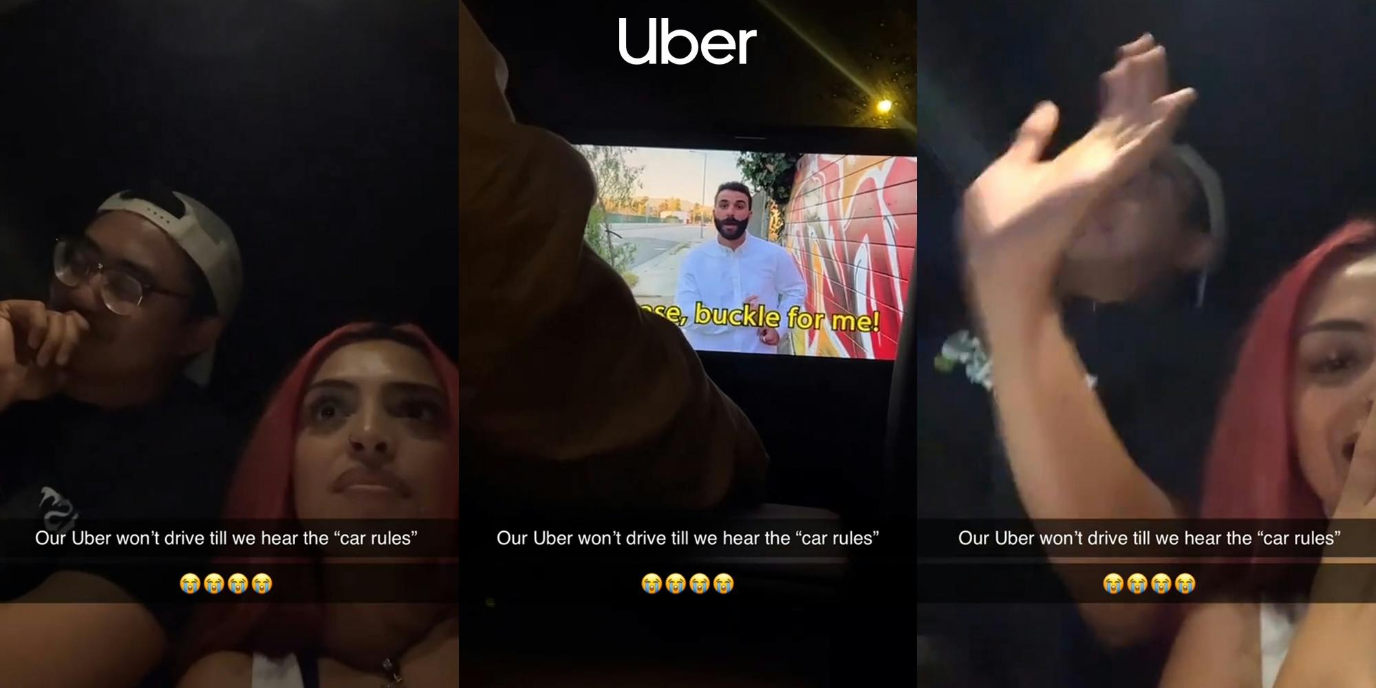 Uber passengers in car with caption "Our Uber won't drive till we hear the "car rules" (l) Uber driver with presentation on screen in car with caption "Our Uber won't drive till we hear the "car rules" with Uber logo at the top (c) Uber passengers in car with caption "Our Uber won't drive till we hear the "car rules" (r)