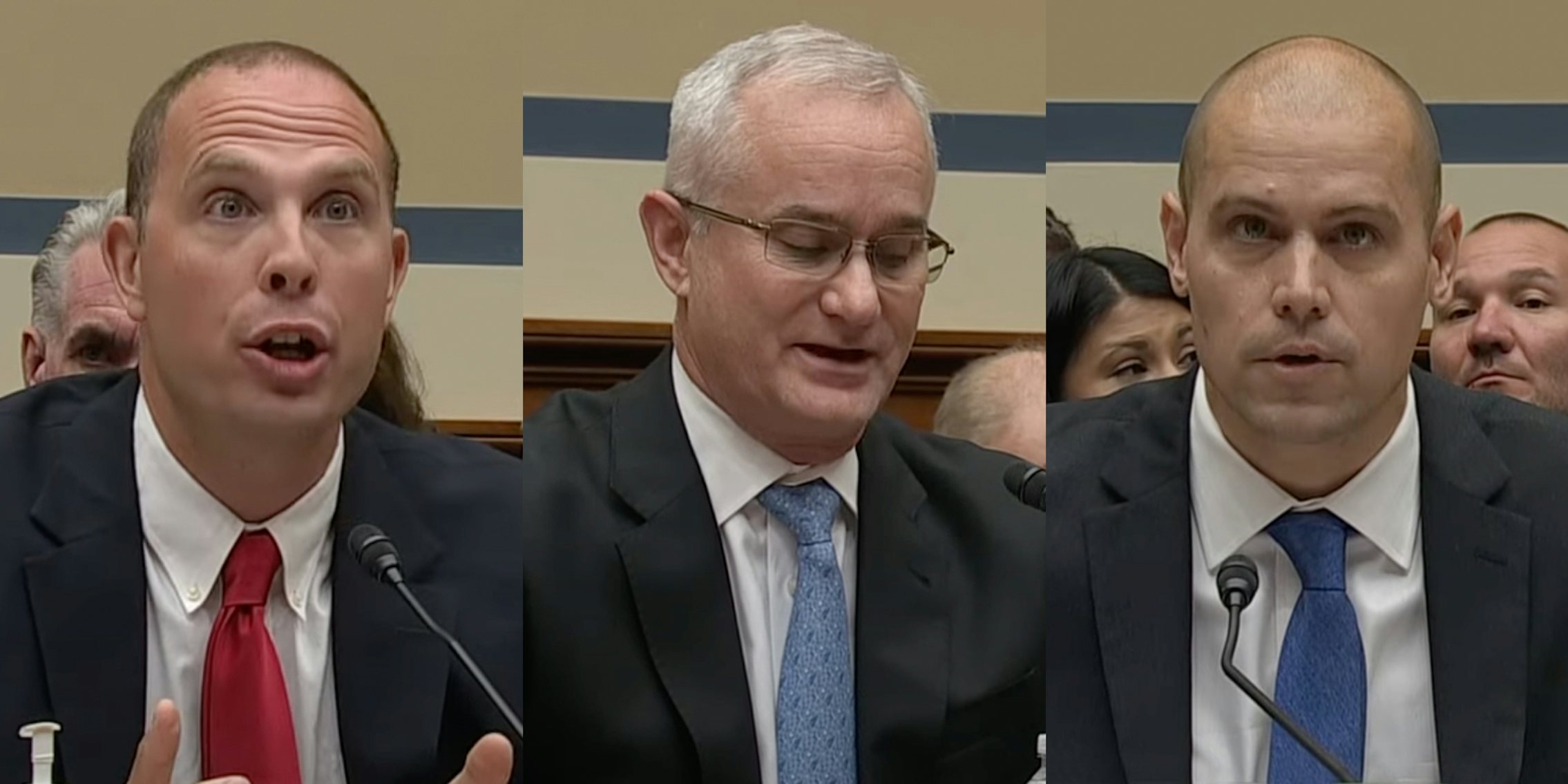 man in suit speaking into microphone at hearing (l) man in suit speaking into microphone at hearing (c) Ryan Graves speaking into microphone at hearing (r)