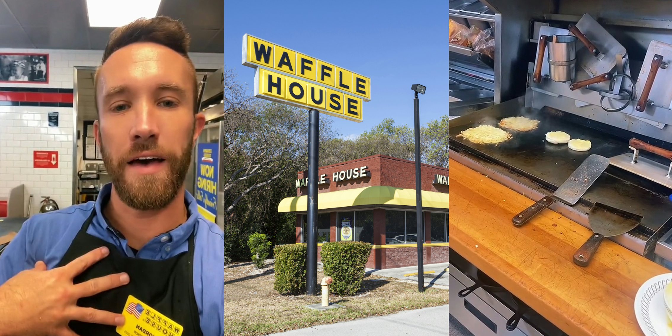 Waffle house worker speaking (l) Waffle House building with a sign out front (c) Waffle House worker cooking food on flat top (r)