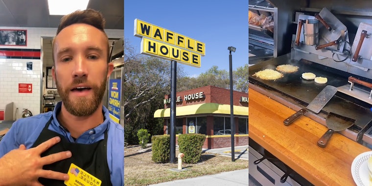 Waffle house worker speaking (l) Waffle House building with a sign out front (c) Waffle House worker cooking food on flat top (r)