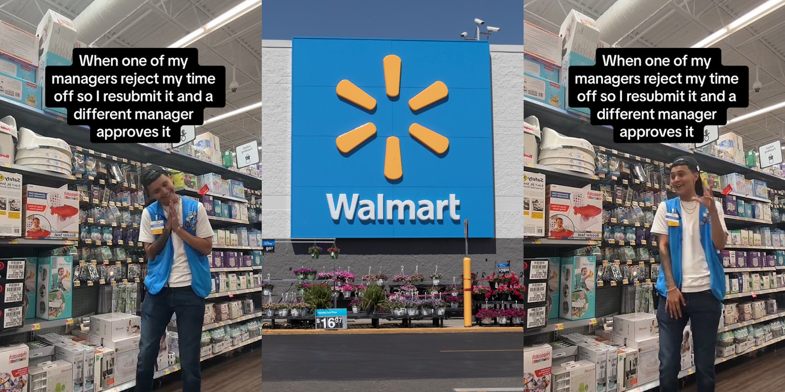 Walmart employee in aisle with caption 'When one of my managers reject my time off so I resubmit it and a different manager approves it' (l) Walmart building with sign (c) Walmart employee in aisle with caption 'When one of my managers reject my time off so I resubmit it and a different manager approves it' (r)