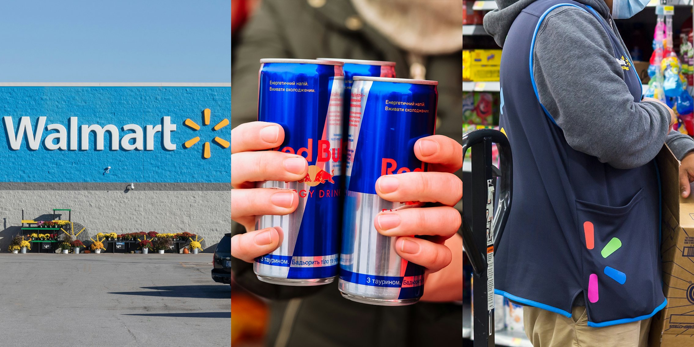Walmart building with sign *l) hands holding 3 Red Bull energy drinks (c) Walmart employee with branded vest on (r)