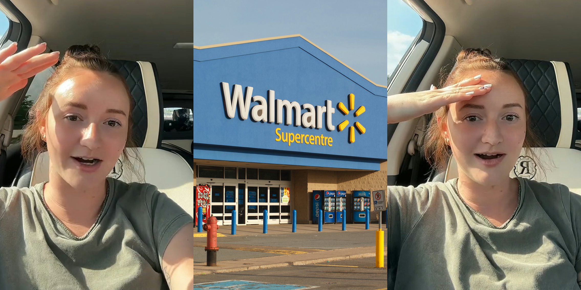 Walmart worker speaking in car (l) Walmart building with sign (c) Walmart worker speaking in car (r)