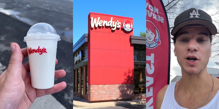 Wendy's frosty in hand (l) Wendy's building with sign (c) Wendy's customer speaking outside next to sign (r)