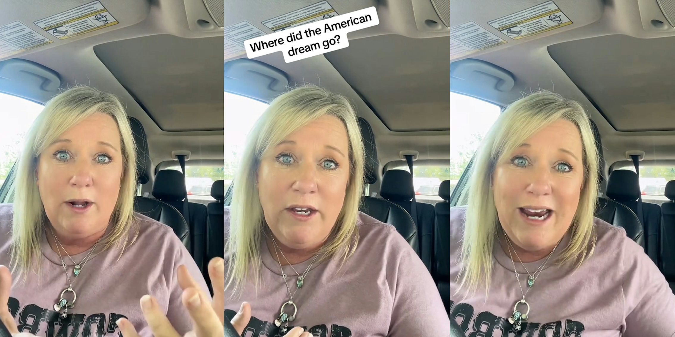 woman speaking in car (l) woman speaking in car with caption 'Where did the American dream go?' (c) woman speaking in car (r)