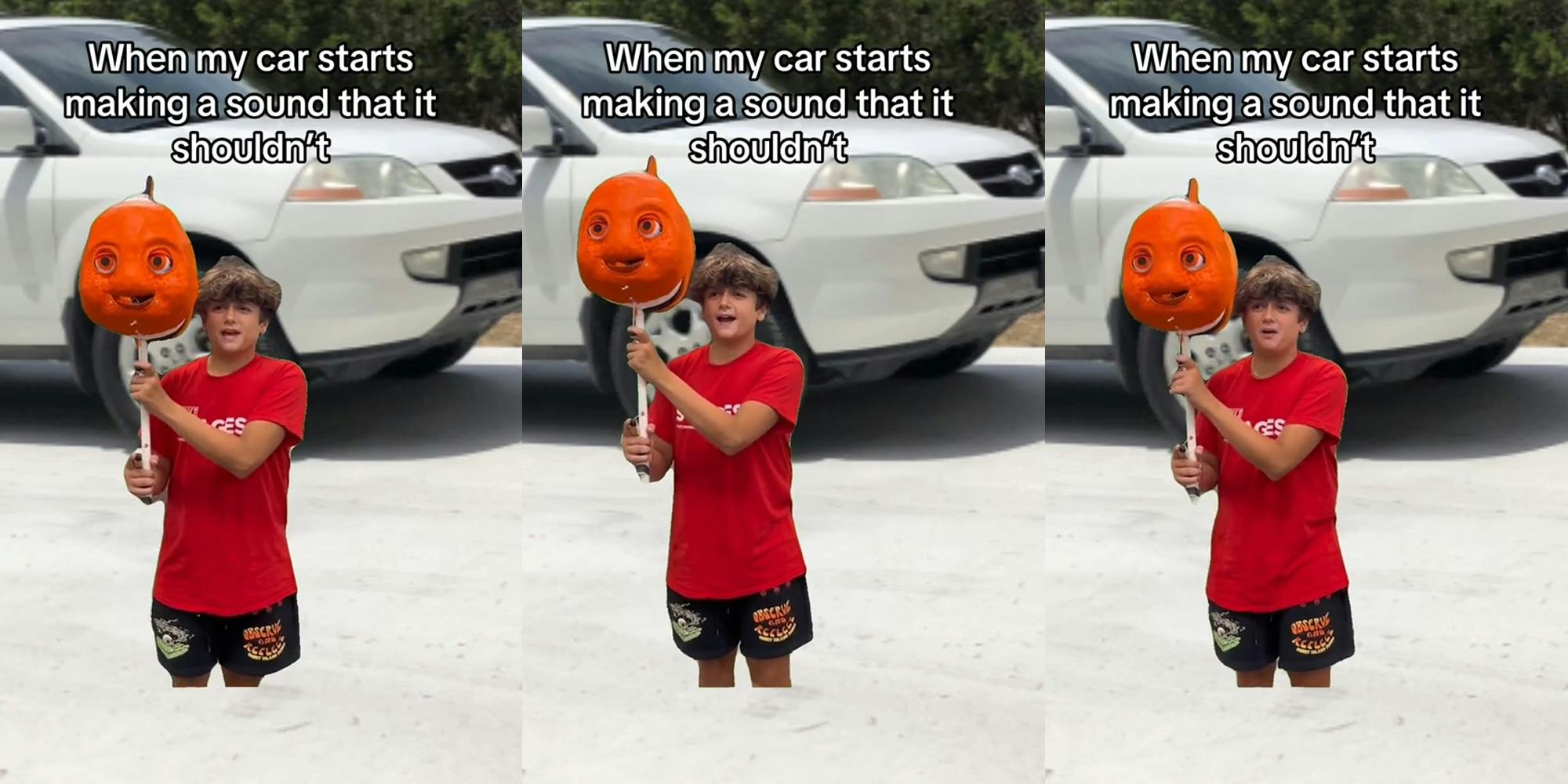 kid singing holding Nemo on stick in front of image of car with caption "When my car starts making a sound that it shouldn't" (l) kid singing holding Nemo on stick in front of image of car with caption "When my car starts making a sound that it shouldn't" (c) kid singing holding Nemo on stick in front of image of car with caption "When my car starts making a sound that it shouldn't" (r)