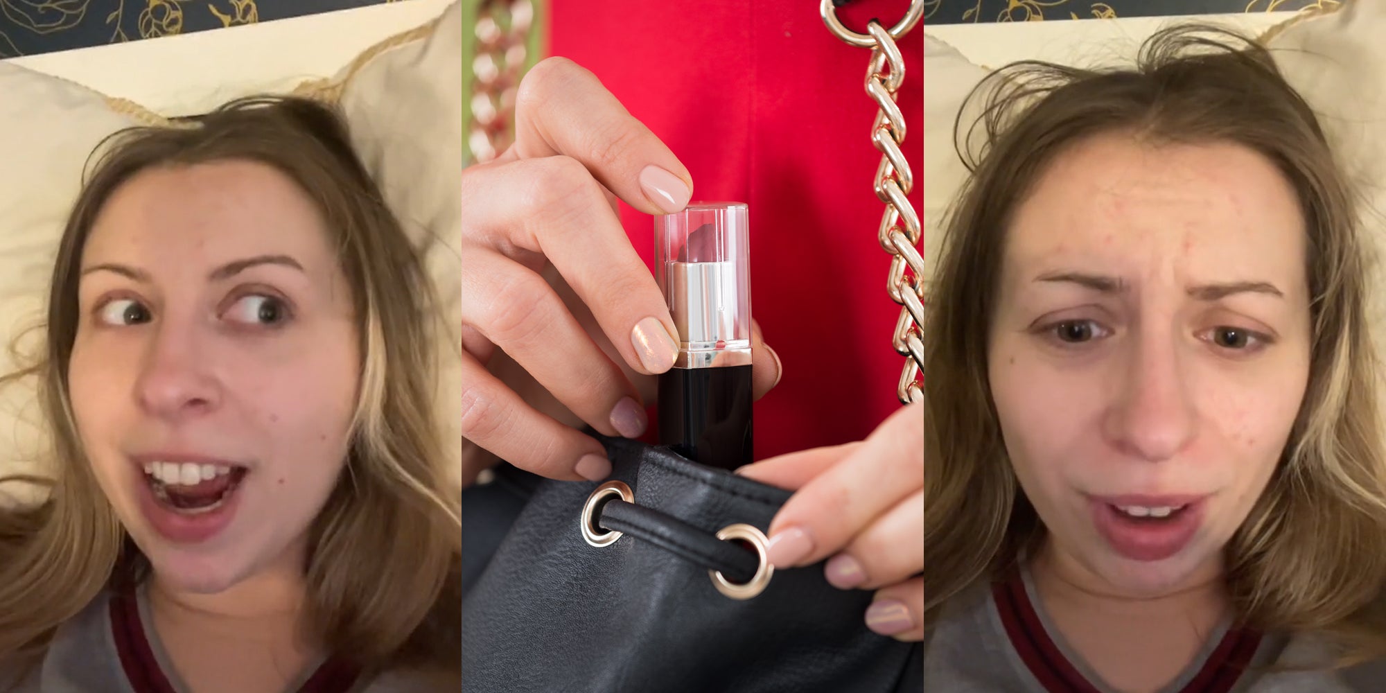 former makeup kiosk worker speaking (l) woman holding lipstick about to put it in purse (c) former makeup kiosk worker speaking (r)