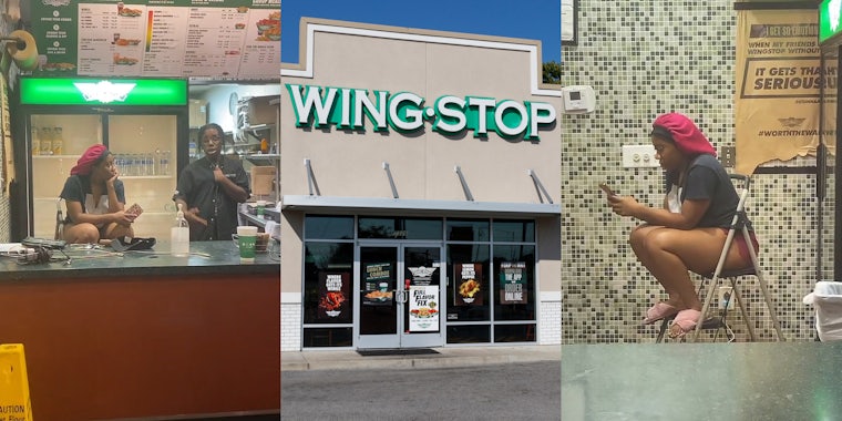 Wing Stop employee with bonnet and slippers (l) Wing Stop building with sign (c) Wing Stop employee with bonnet and slippers (r)