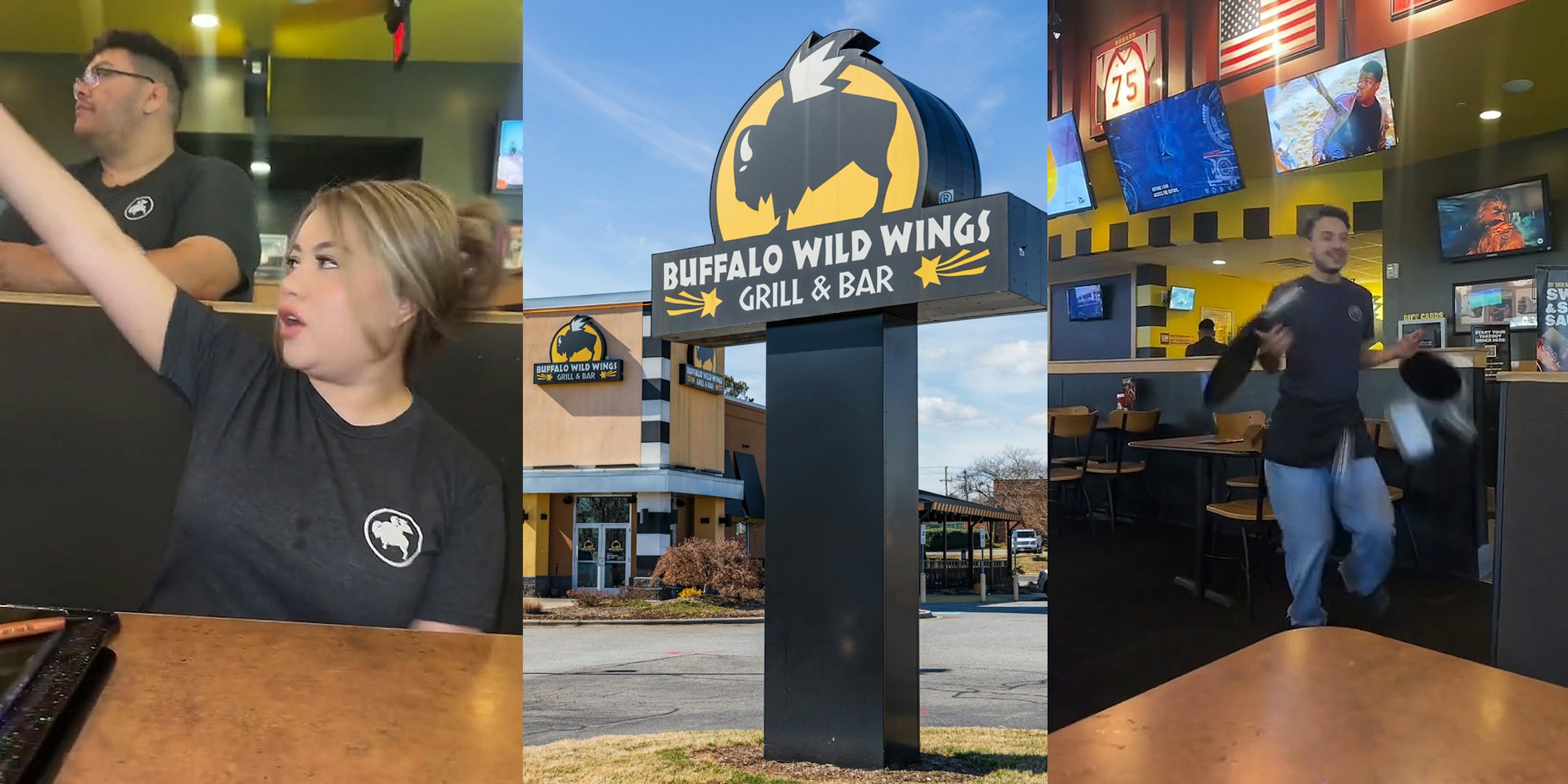 Buffalo Wild Wings customer waving arm calling server over (l) Buffalo Wild Wings sign in front of building (c) Buffalo Wild Wings server dropping platter of drinks (r)