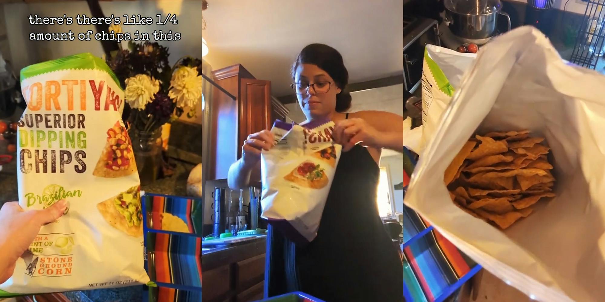 Tortiyahs! chip bag with caption "there's like 1/4 amount of chips in this bag" (l) woman opening Tortiyahs! bag of chips (c) Tortiyahs! chip bag open (r)